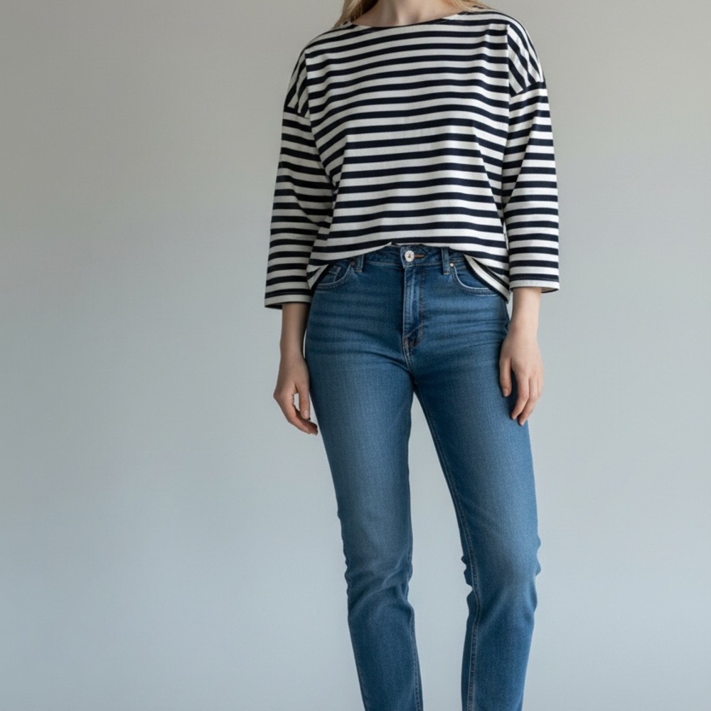 Bobeau Classic Boatneck Blue and White Striped 3/4 Sleeve Boxy Shirt Size L